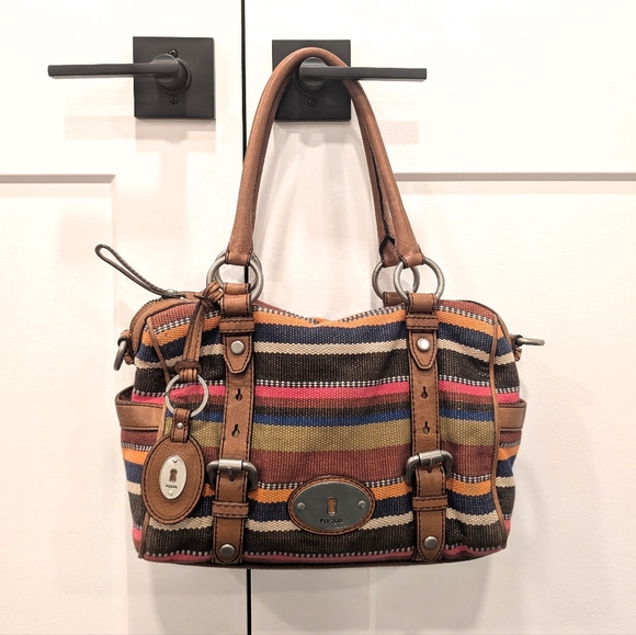 FOSSIL Woven Striped Multicolor Handbag Purse Shoulder Bag brown Leather Handles - Picture 1 of 11